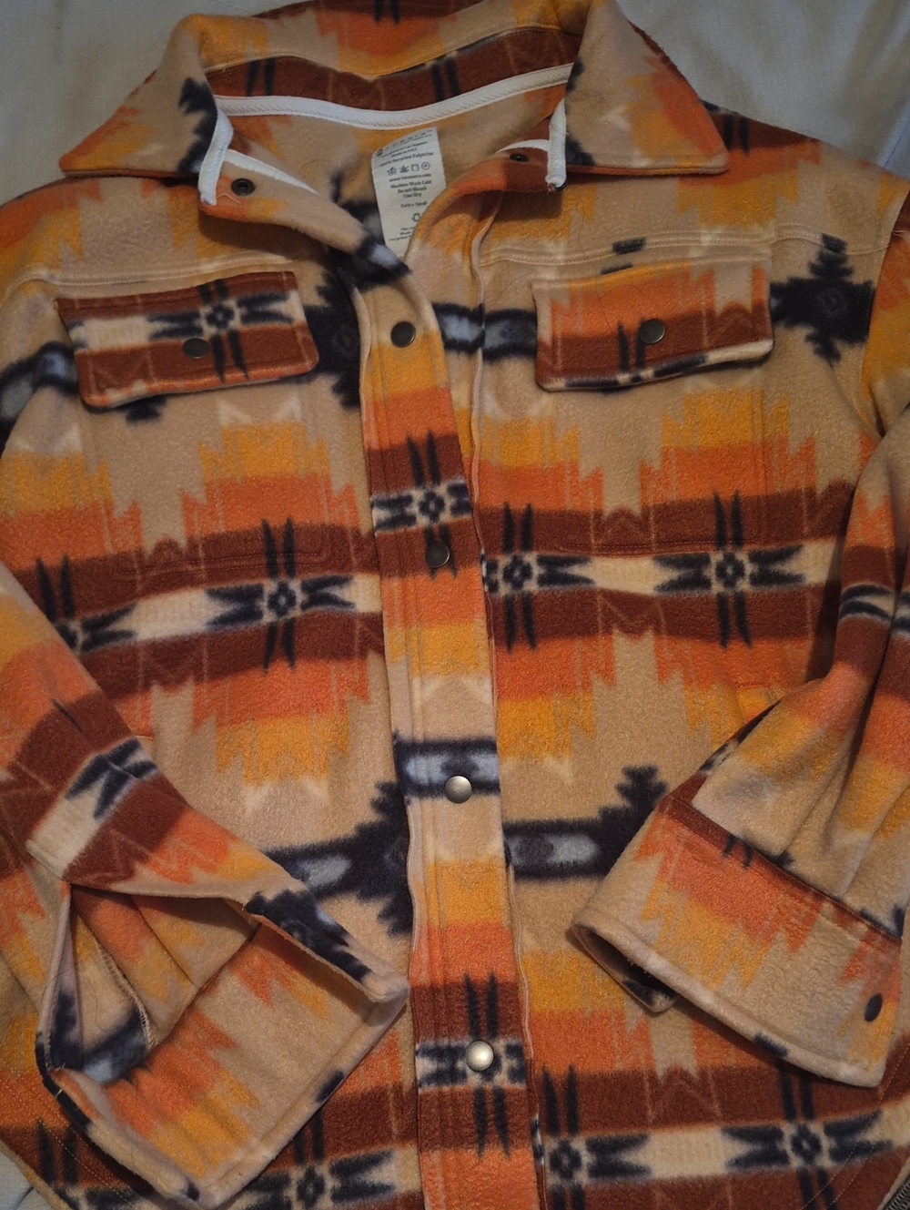 Aztec-Print Fleece Shacket - Orange & Tan